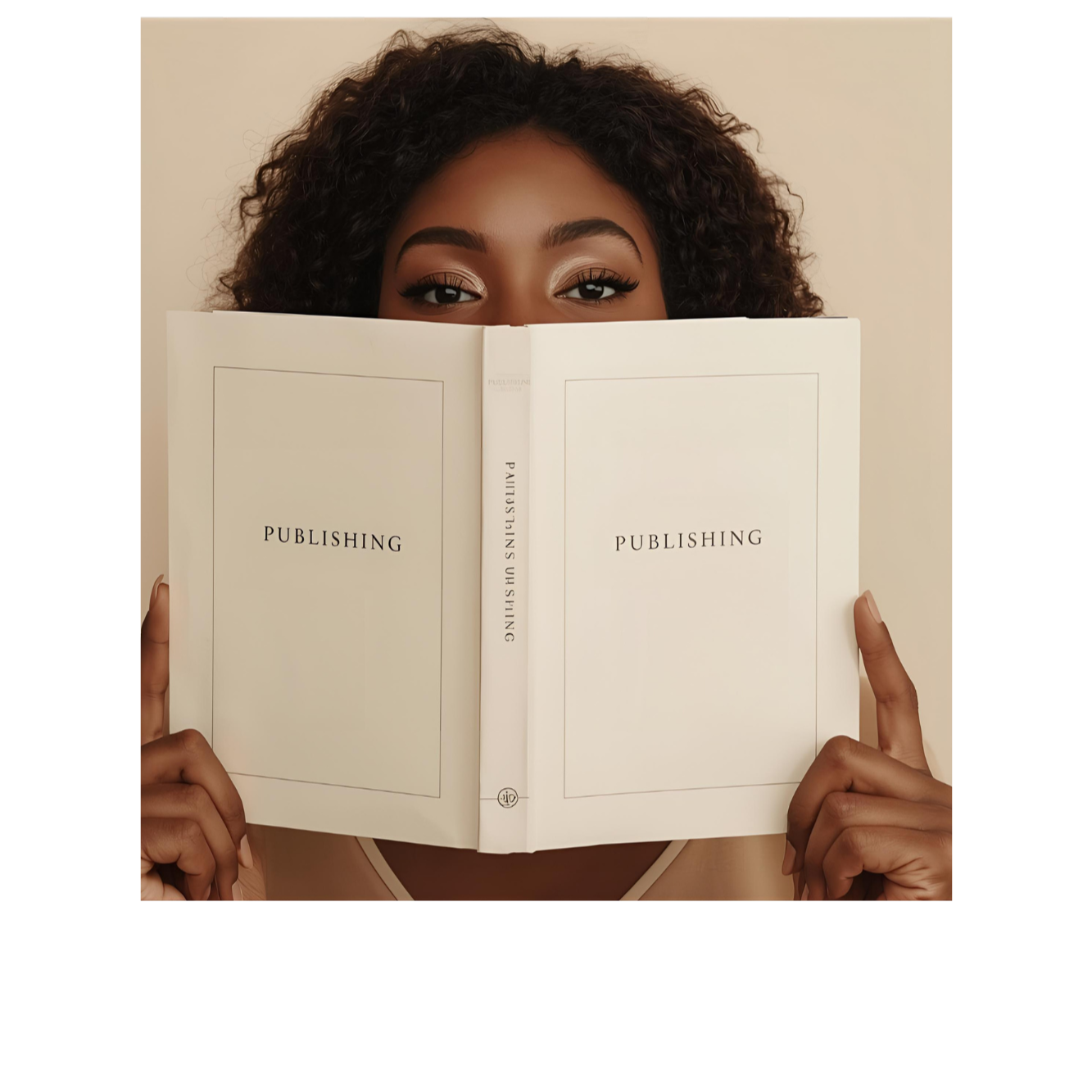 Woman holding open book titled 'Publishing' in front of her face, revealing eyes and forehead, with dark, curly hair and neutral background.