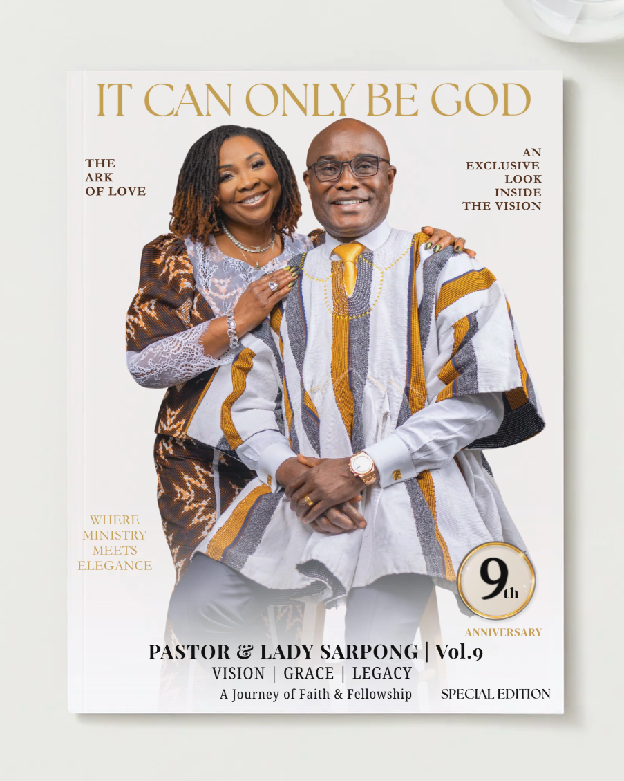 Cover of a 9th anniversary celebration magazine featuring Pastor and Lady Sarpong, with a man in traditional African attire and a woman in a patterned dress smiling and posing together.