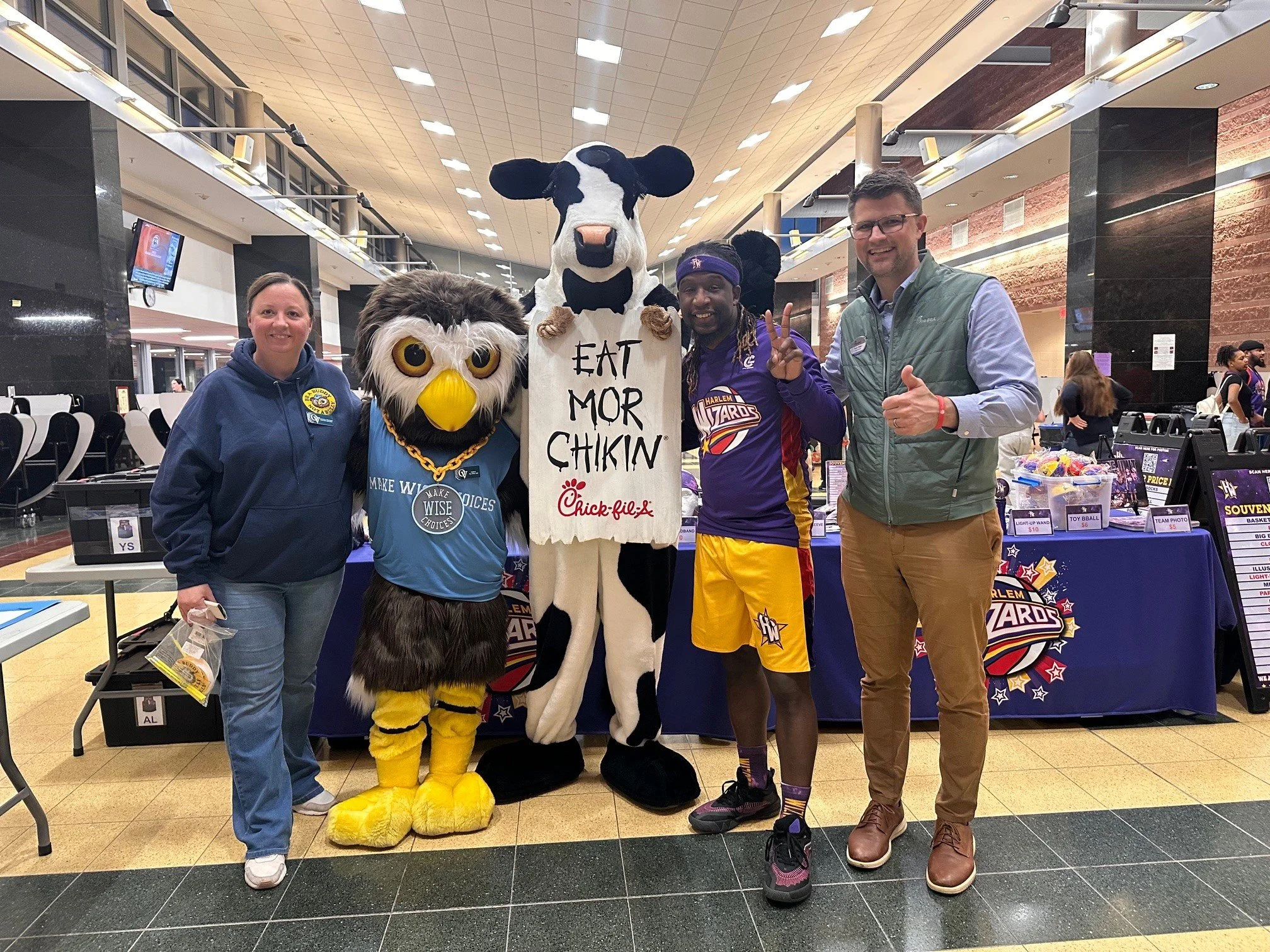 Carolanne, Owlbert, Chick Fil A Cow and Ryan.jpg
