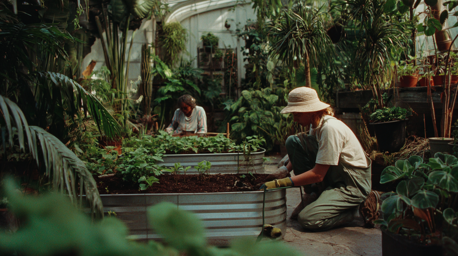 Two women working in a lush, green greenhouse, tending to plants in raised garden beds, one wearing a large straw hat and the other with curly hair.