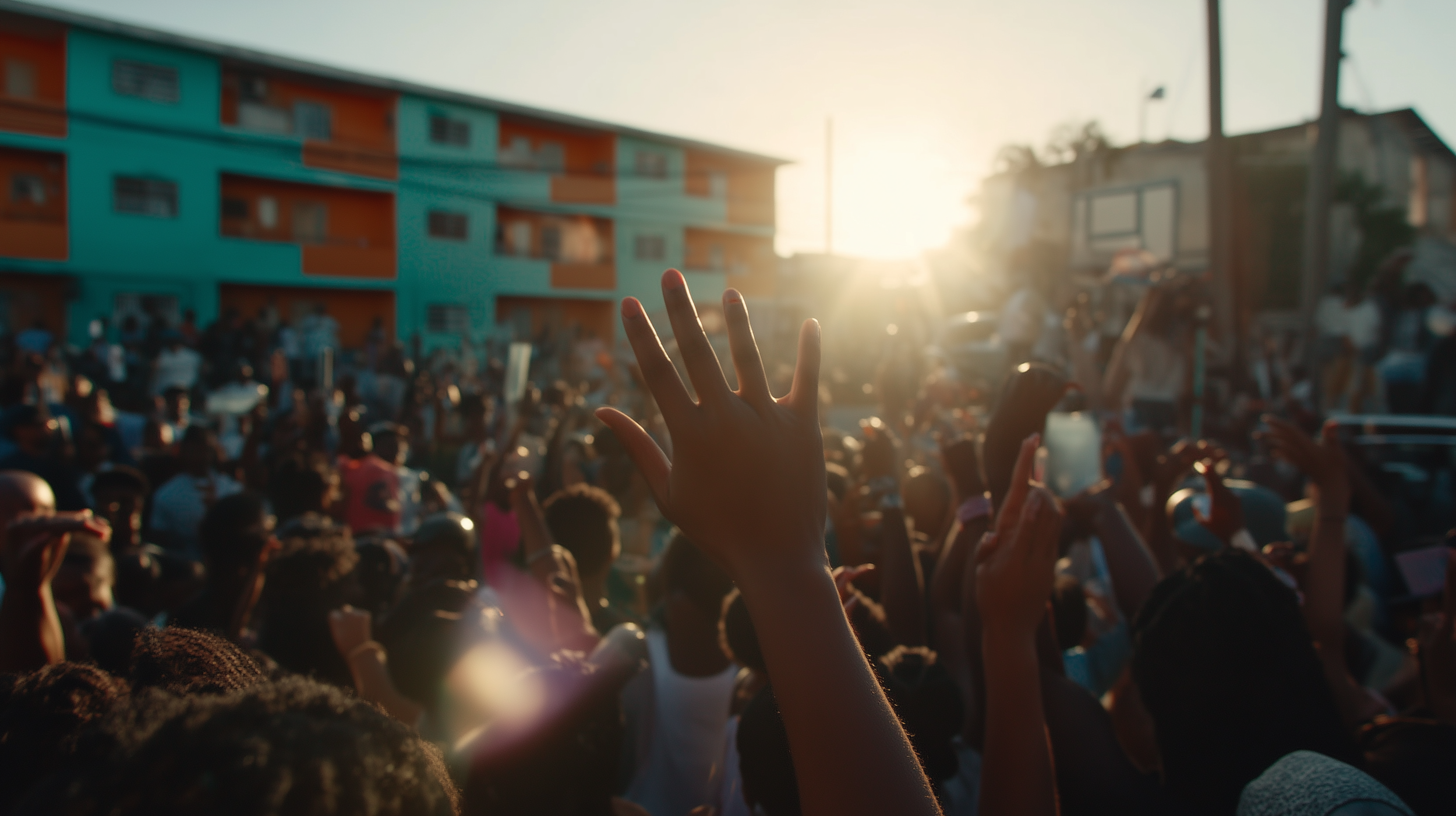 Crowd of people raising their hands outdoors during sunset, with a colorful building and a basketball hoop in the background.