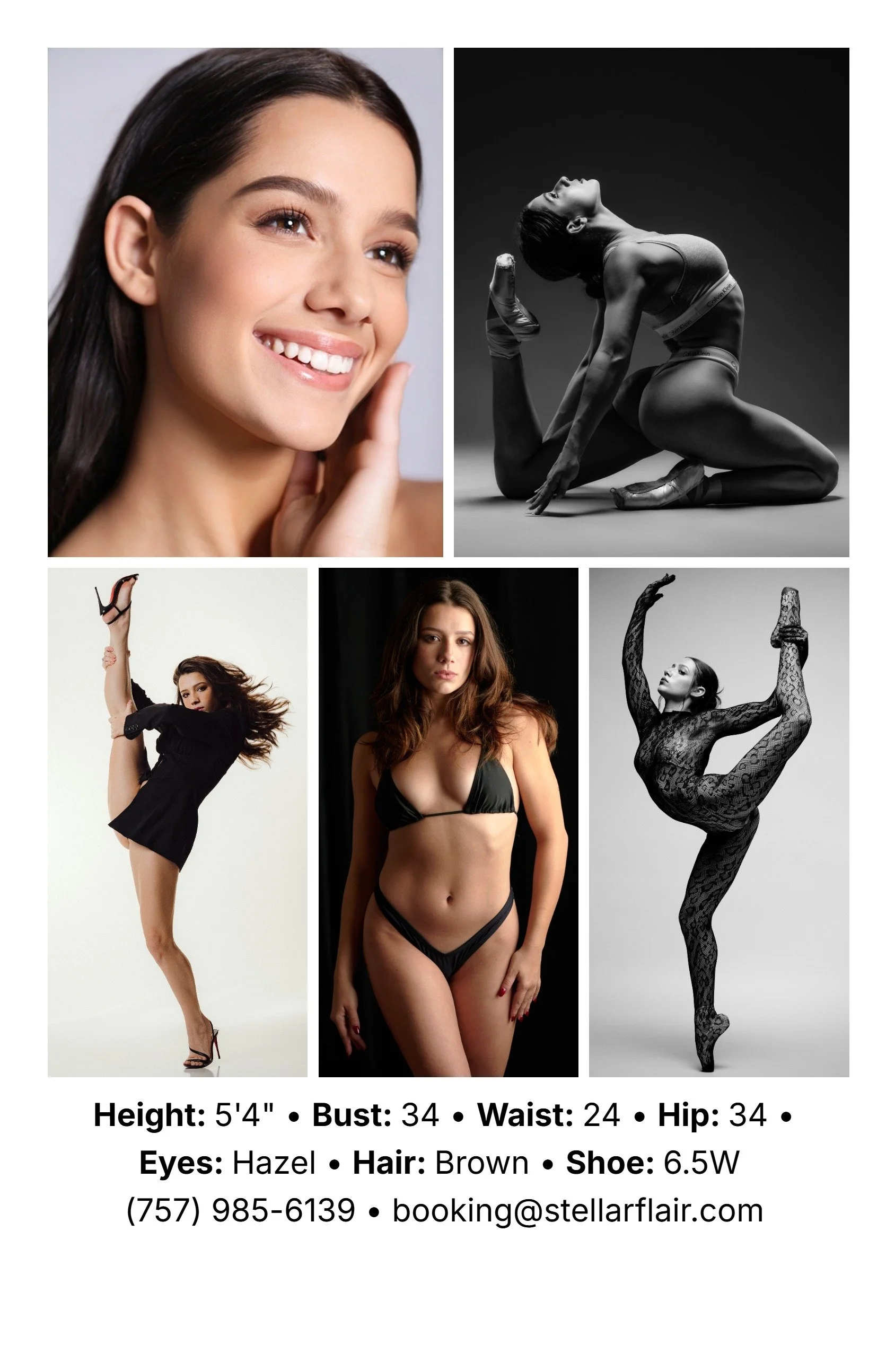 Collage of five photos featuring women in various poses and outfits, with contact and measurement details at the bottom.