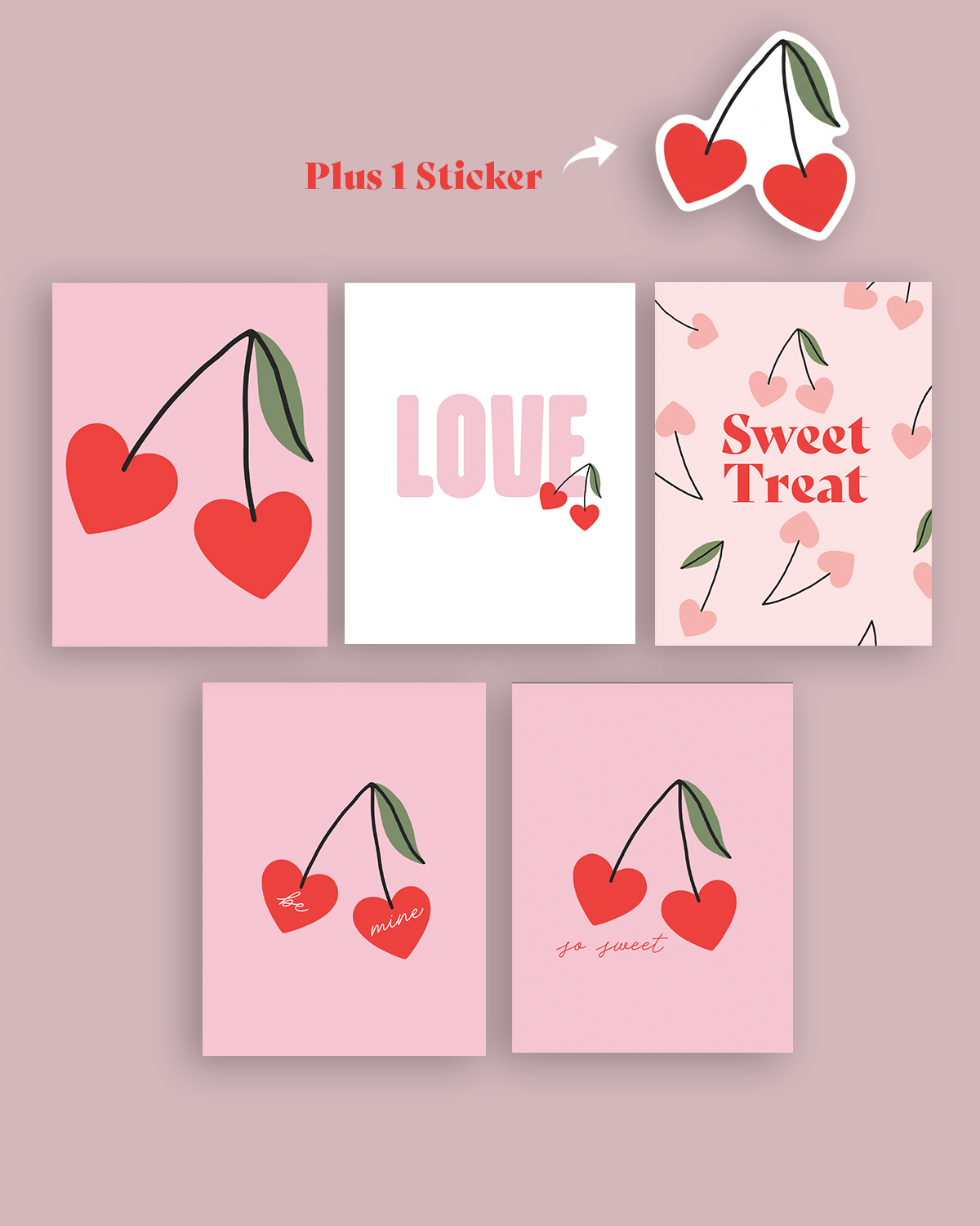 Valentine cherry Pack (5 Pack of cards with envelopes and a sticker)