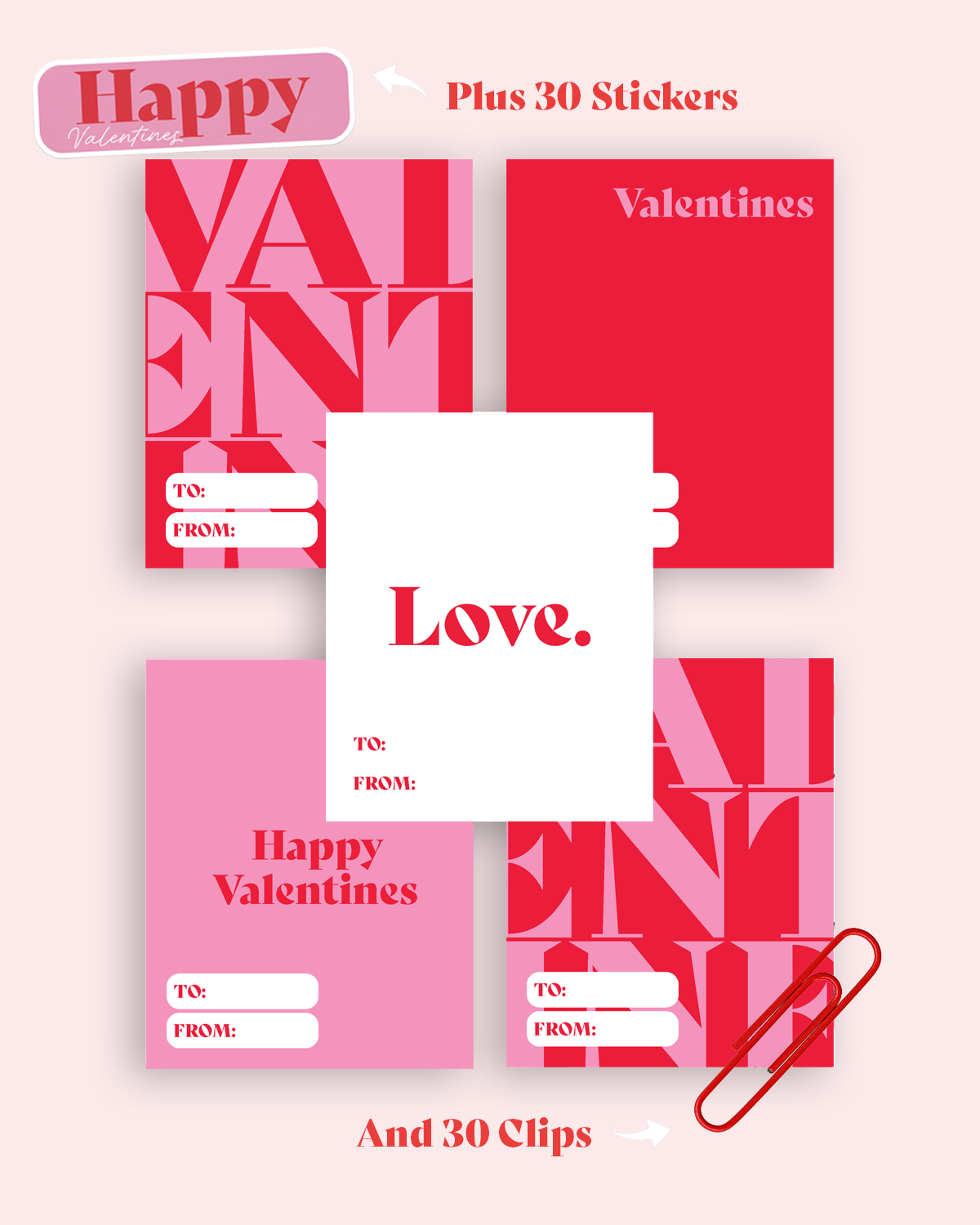 Valentine School Pack "Words" (30 Pack of tags with cherry stickers and red clips)