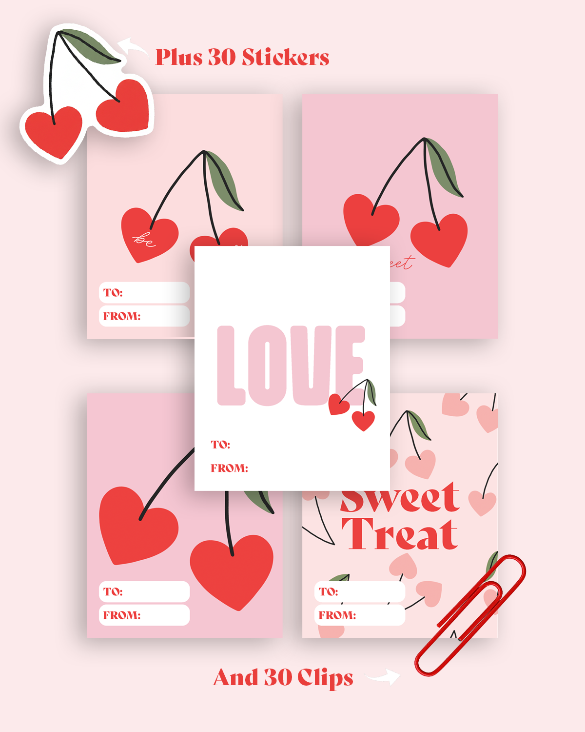 Valentine School Pack "Sweet Cherry" (30 Pack of tags with cherry sticker and red clip)