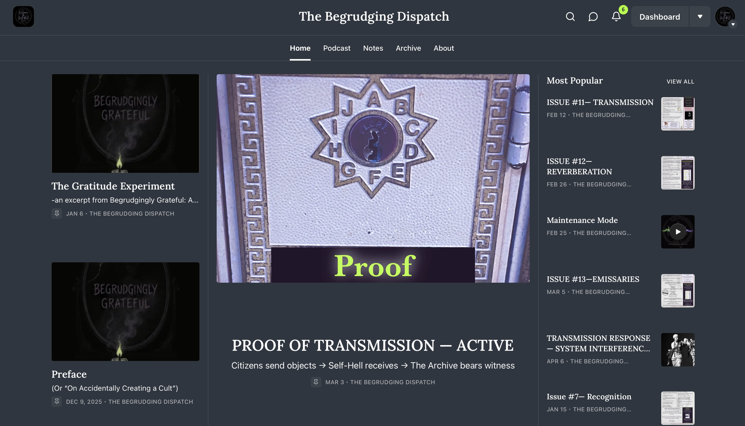 Screenshot of The Begrudging Dispatch Substack Home Page