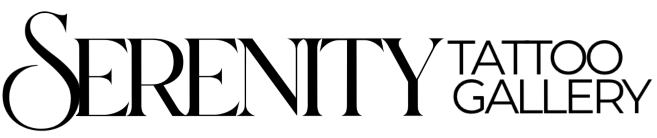 Serenity Tattoo Gallery Text Logo, the word Serenity next to the words Tattoo Gallery stacked ontop of each other.