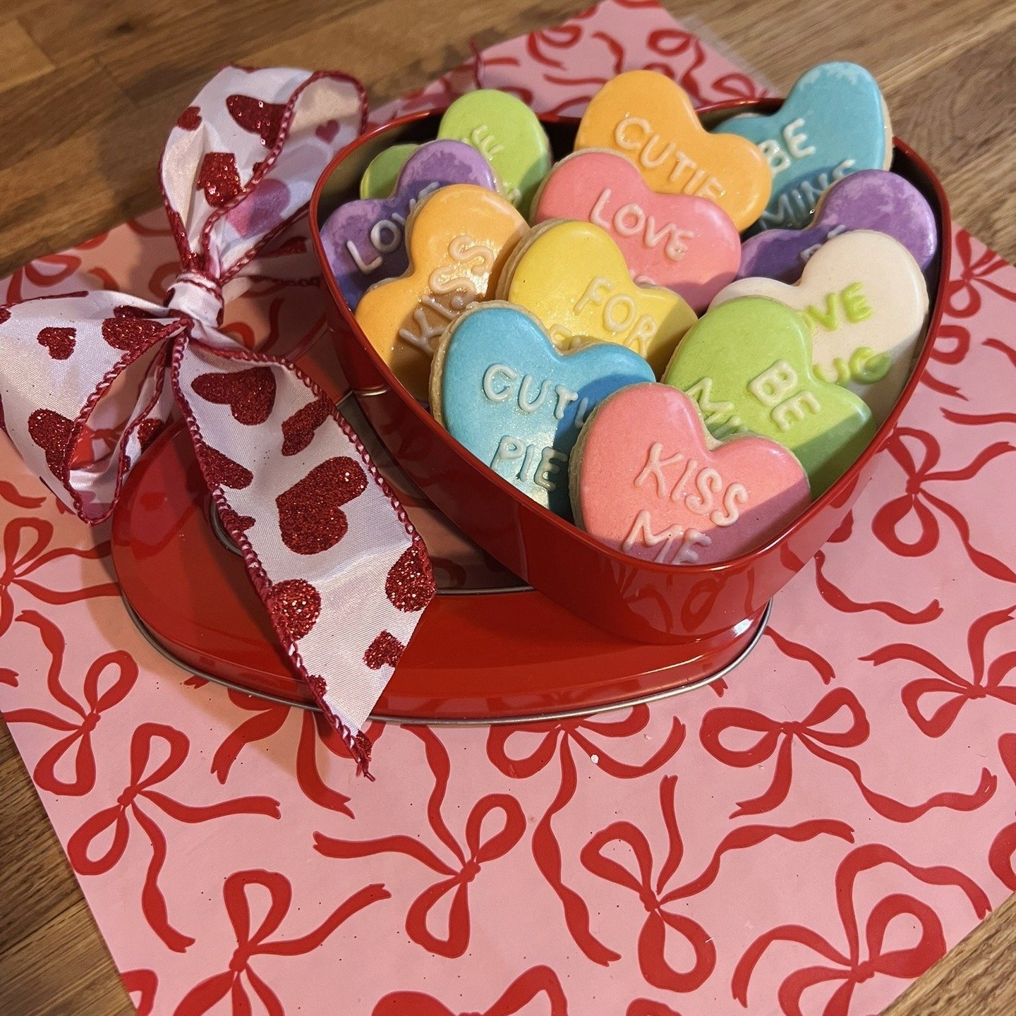 A dozen delightful mini sugar cookies, each shaped like a classic conversation heart in a red heart-shaped tin. These charming treats are perfect for sharing sweet messages and indulging your sweet tooth with a touch of whimsy.&rdquo; ❤️❤️❤️

$25

#c