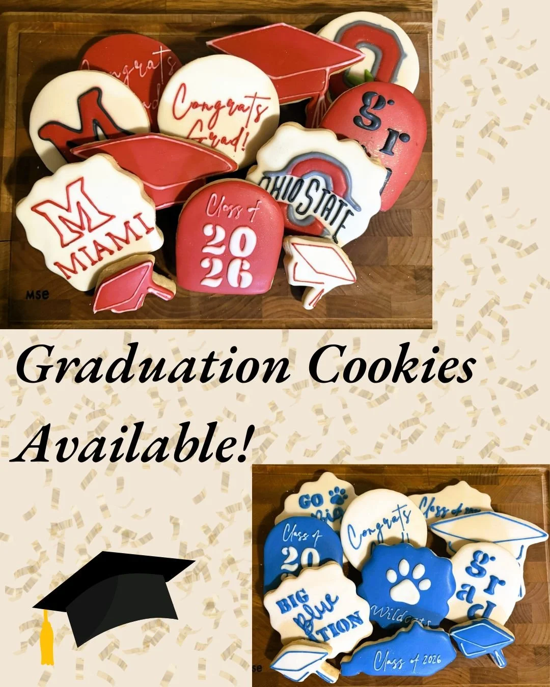 Celebrate success with a dozen beautifully decorated sugar cookies, perfect for any graduation party or special occasion.

Includes 12 expertly crafted sugar cookies, each uniquely decorated for a festive celebration.

Made with high-quality organic 
