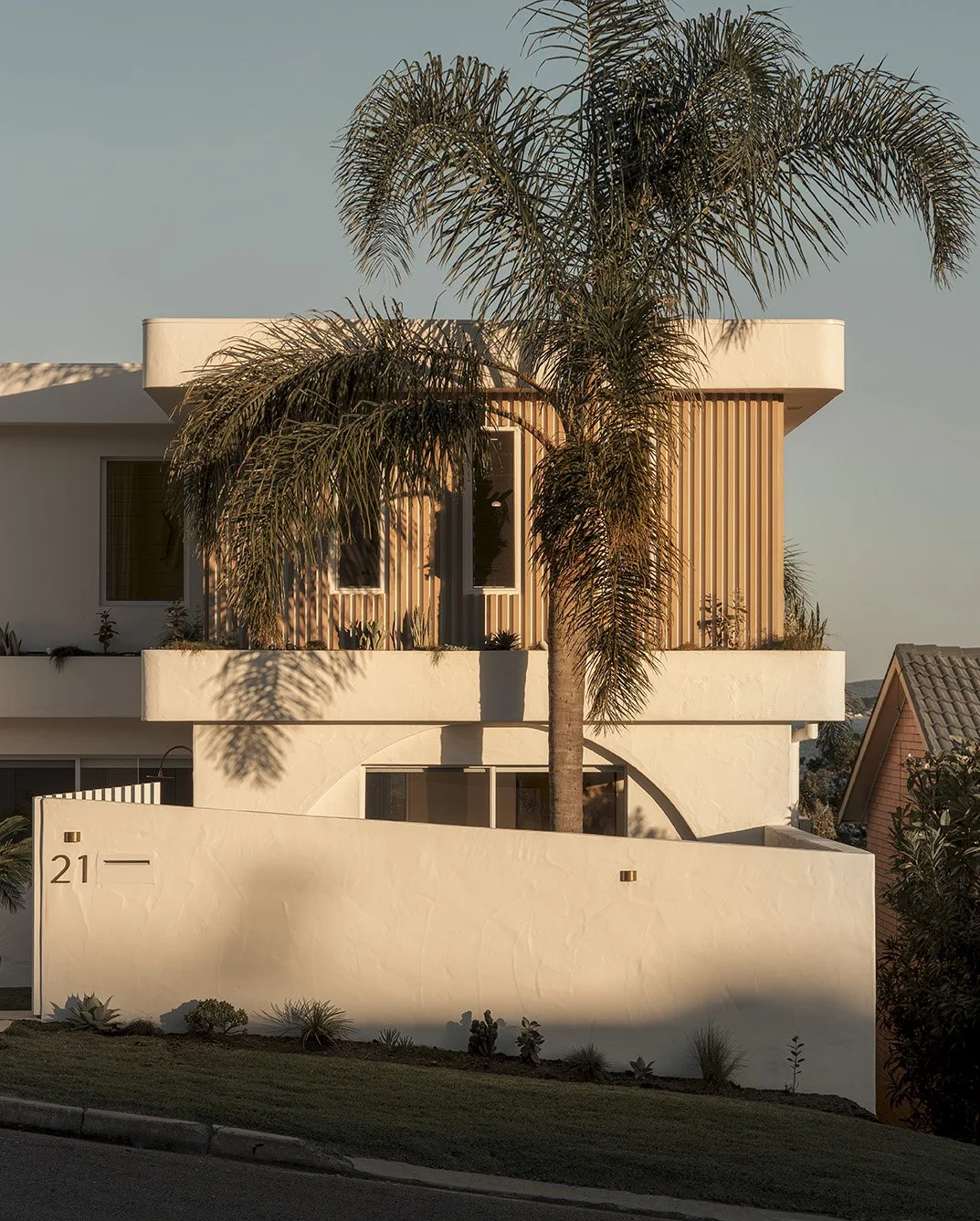 Modern white house with a palm tree in front, featuring curved architectural elements, wooden accents, and small plants along the base, with part of a neighboring house visible to the right.