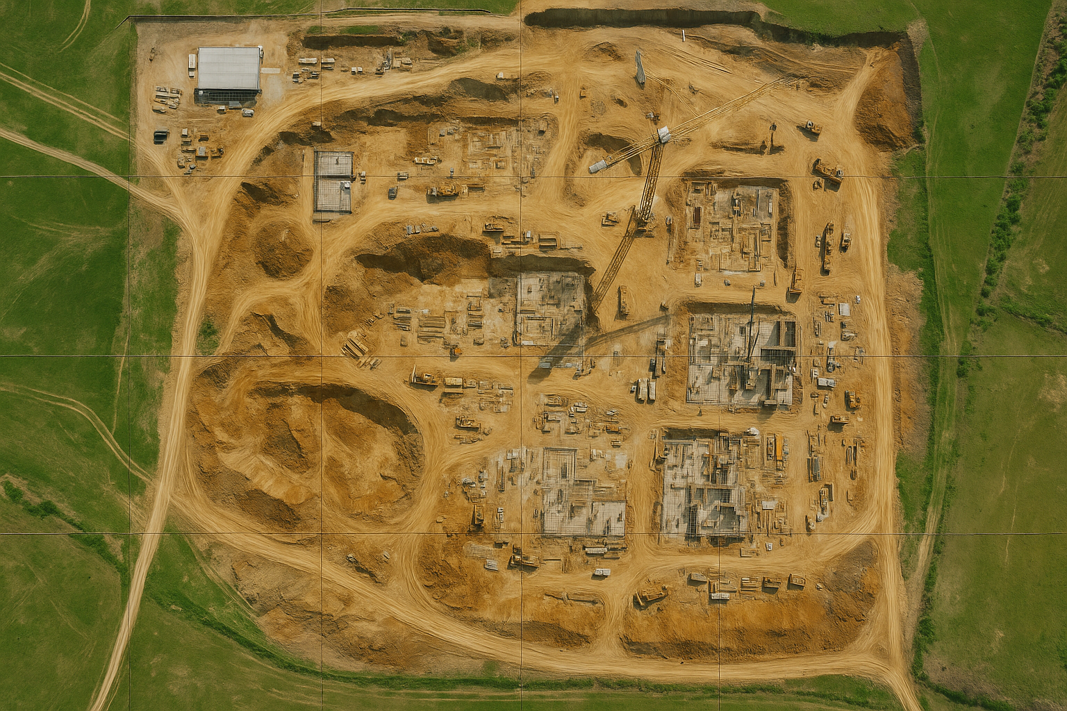 An aerial view of a construction site with multiple building foundations, construction vehicles, and dirt roads, surrounded by green grass fields.