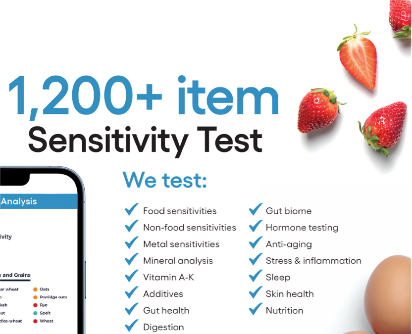 Graphic promoting a health sensitivity test with over 1,200 items; includes strawberries, eggs, and some computer screen elements.