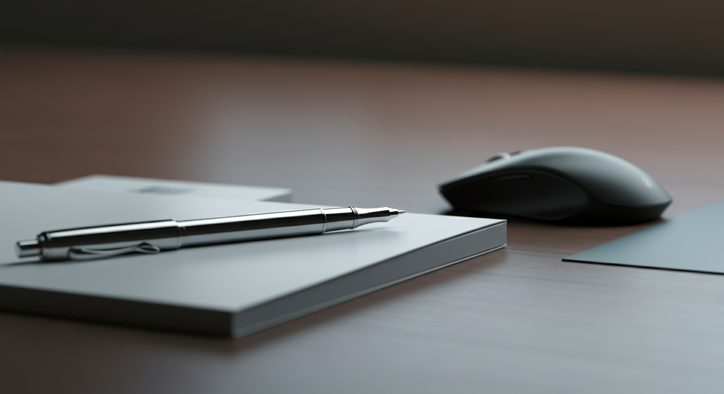 A closed notebook with a silver pen resting on top and a wireless mouse nearby on a wooden desk.
