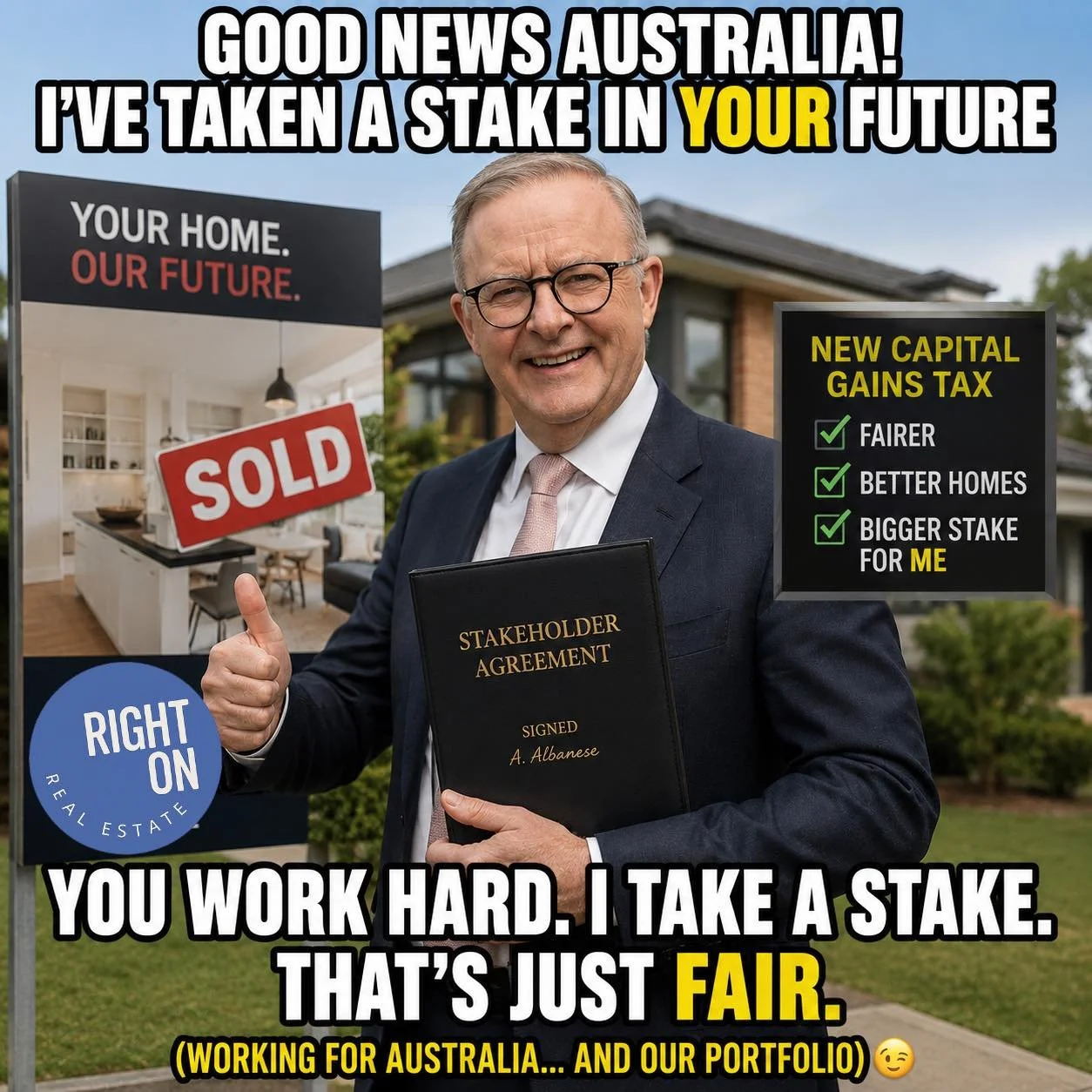 🚨 RIGHT ON REAL ESTATE &mdash; NEW &ldquo;SILENT PARTNER&rdquo; ANNOUNCEMENT 🚨

Please welcome our newest stakeholder: Albo 🏡📈

About our new business partner:
🔹Thinks &ldquo;capital gains&rdquo; means he gets capital and you get the gains tax
?