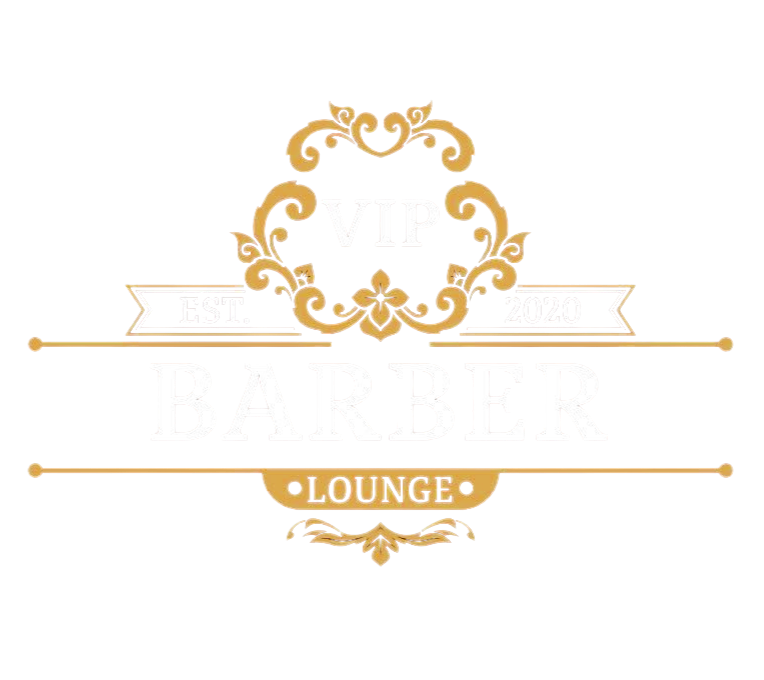 Logo for VIP Barber Lounge, established 2020, featuring gold ornate designs and text.