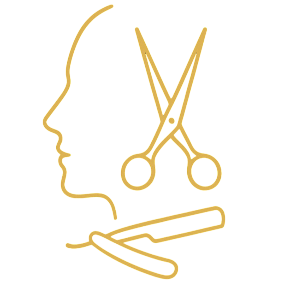 Outline of a person's profile wearing a headset with scissors in front of their face.