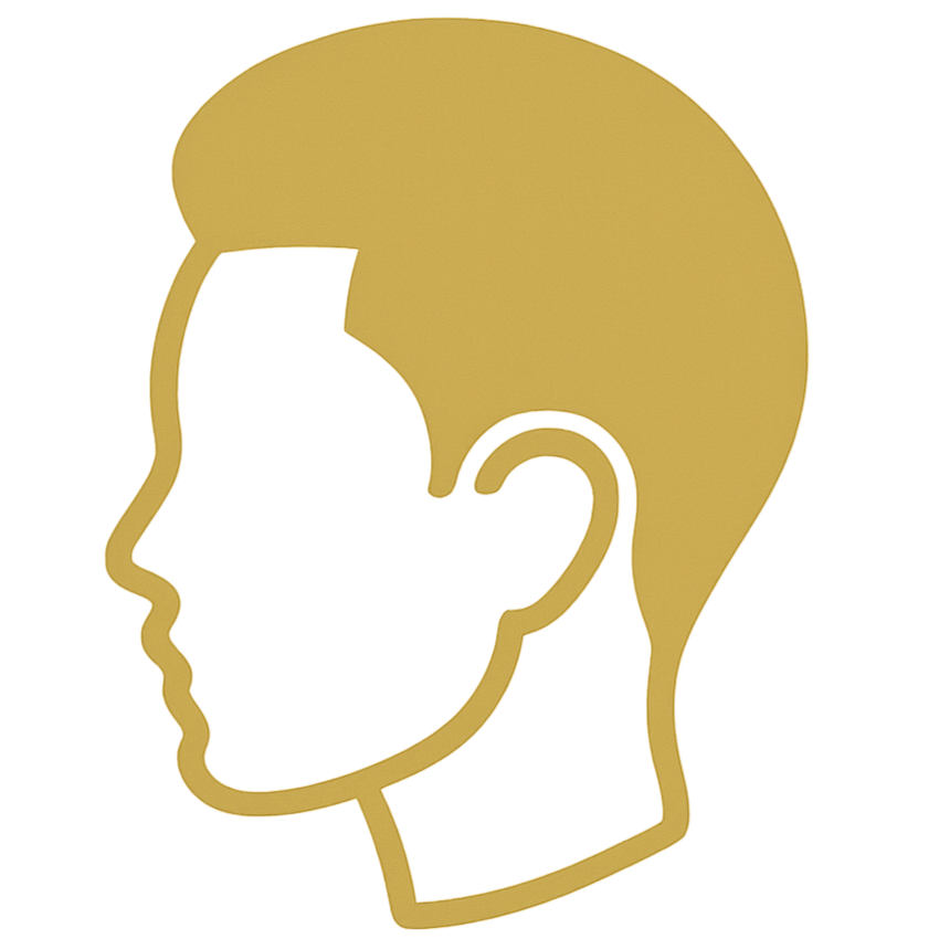 Outline of a person's head in profile with a gold-colored line drawing.