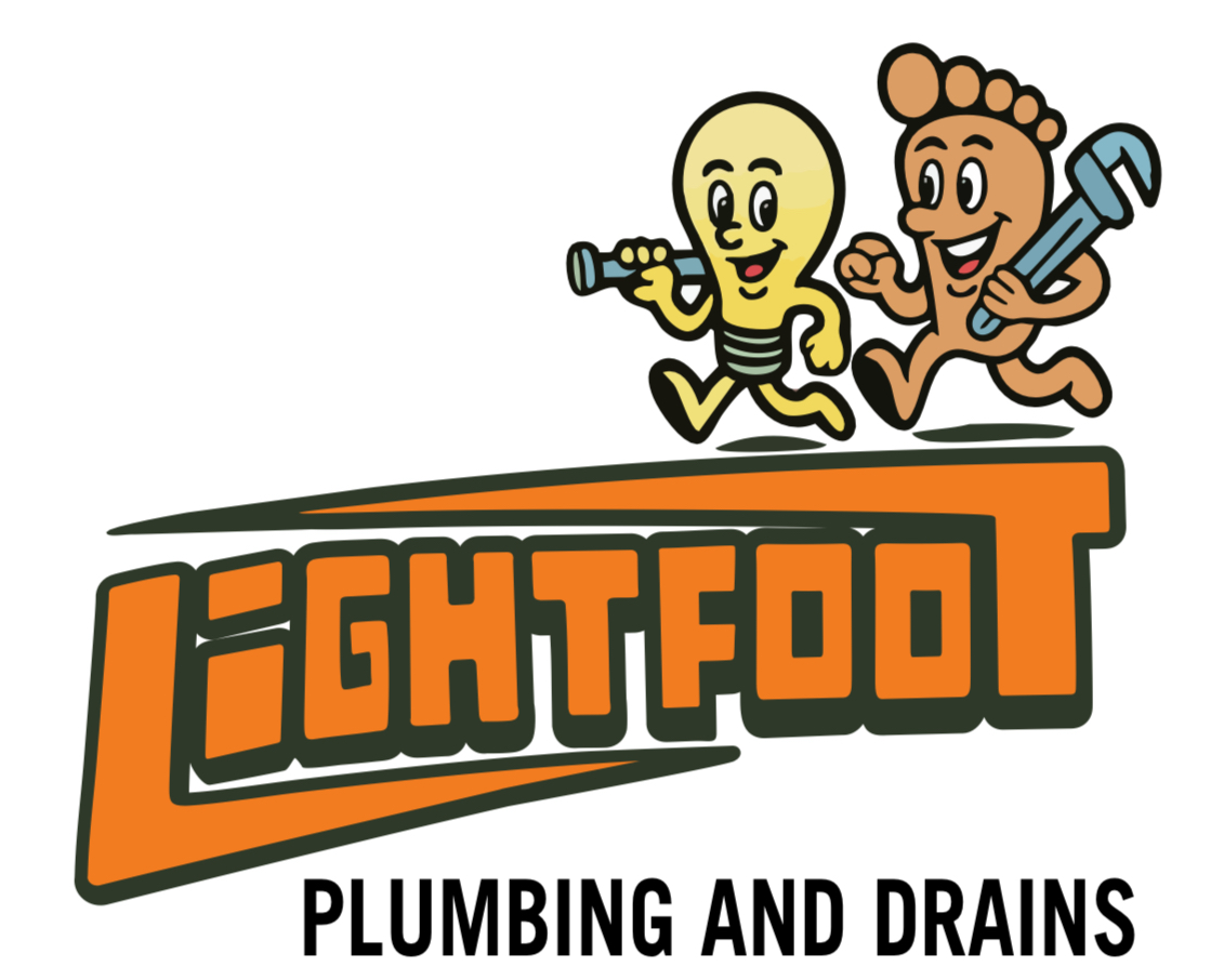 Cartoon logo for Lightfoot Plumbing and Drains, featuring a happy, walking cartoon light bulb and a cartoon wrench with arms and legs, above the stylized text 'LIGHTFOOT' and the words 'PLUMBING AND DRAINS' underneath.