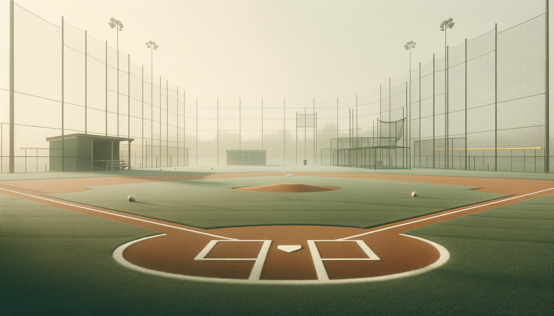Empty baseball field with foggy background and two baseballs on the field, with home plate and bases visible.