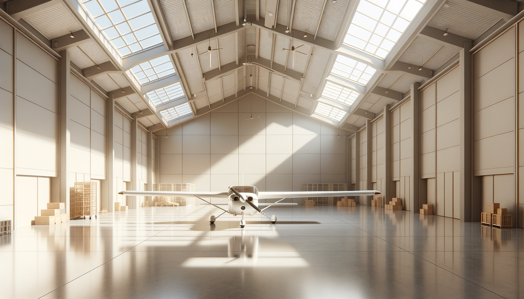Small propeller airplane inside a spacious hangar with boxes and crates along the walls.