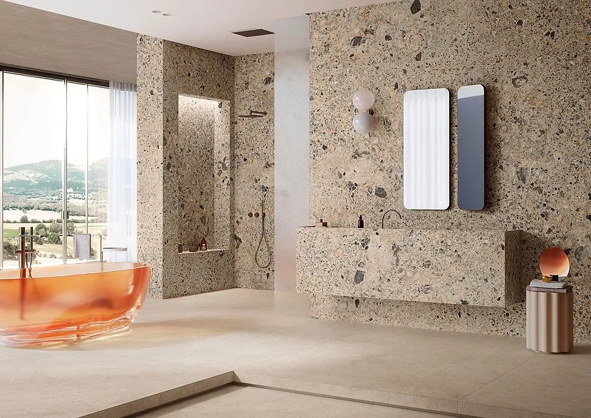 Ceppo Romano porcelain bathroom wall and floor cladding, Italian stone-look surface with refined aggregate texture