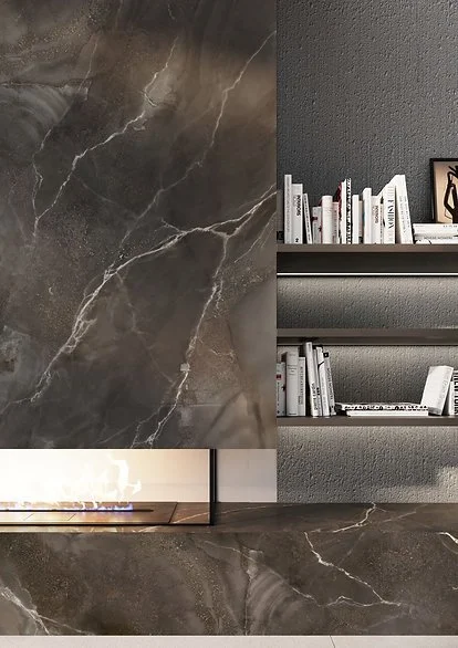 Andromeda porcelain wall panel, polished black onyx-look surface with fine veining