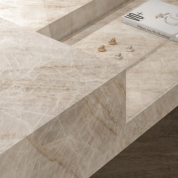 Taj Mahal porcelain benchtop detail, satin champagne marble-look surface with golden veining