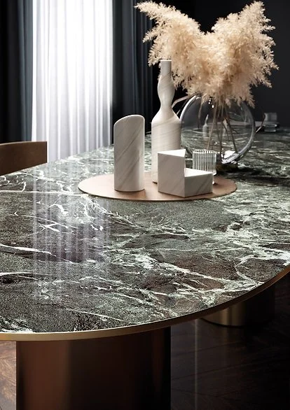 Verde France porcelain benchtop detail, green marble-look surface with crisp veining and a reflective finish