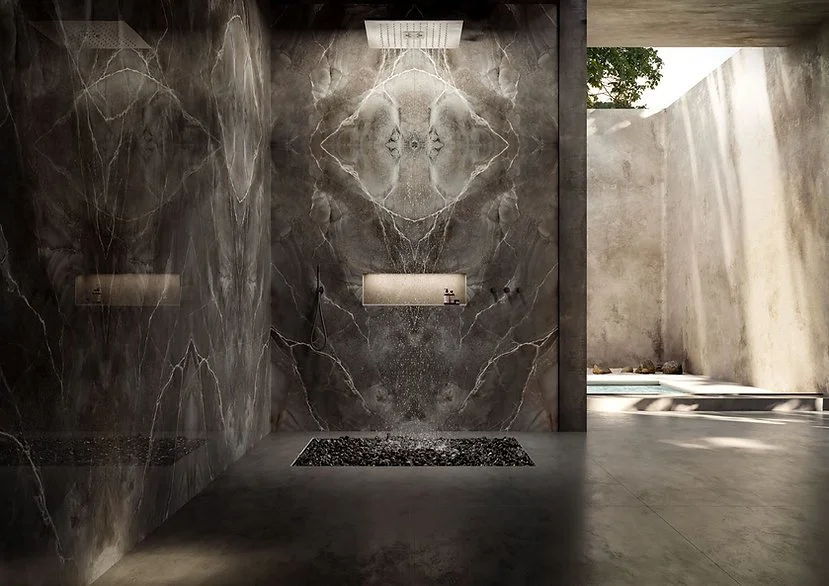 Bathroom shower wall in Andromeda porcelain, polished black onyx-look surface with luminous veining