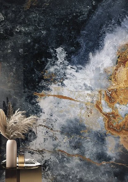 Ocean Blue porcelain close-up, polished deep blue onyx-look surface with white and gold movement