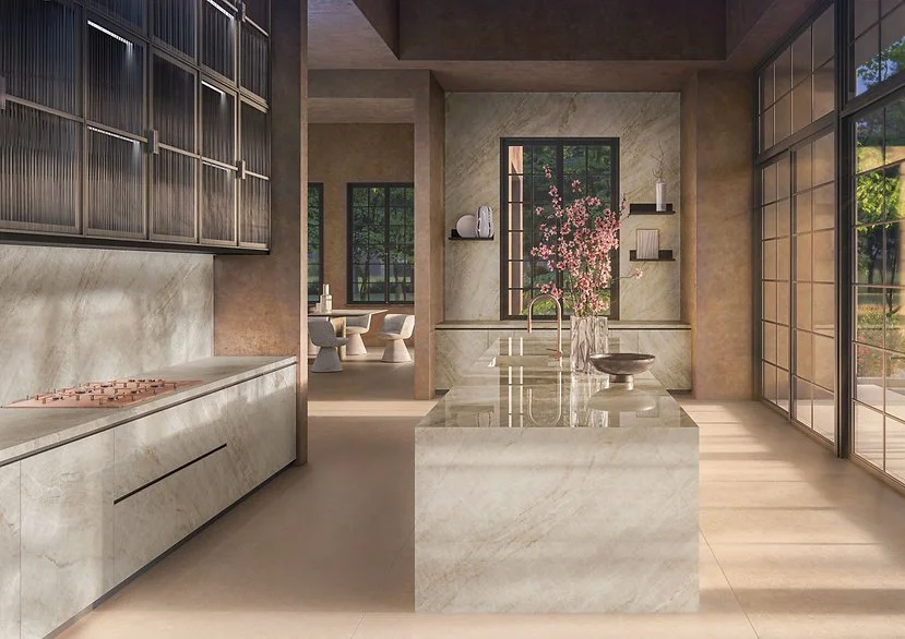 Kitchen island and splashback in Taj Mahal porcelain, satin champagne marble-look finish