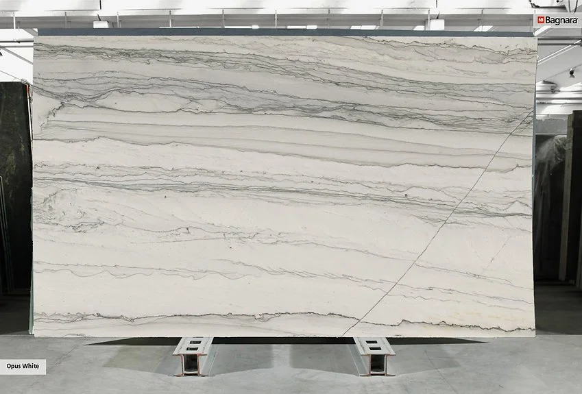 Bagnara Quartzite Opus White quartzite slab in warehouse