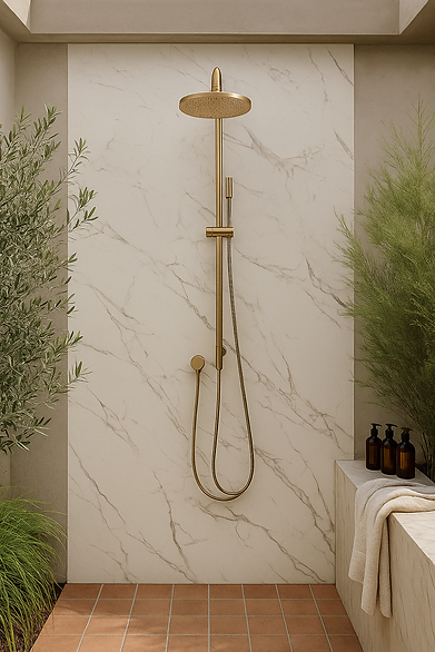 Bathroom wall cladding in SG Designer Panels Calacatta Cosmos, marble-look feature wall with statement veining paired with warm brass fixtures