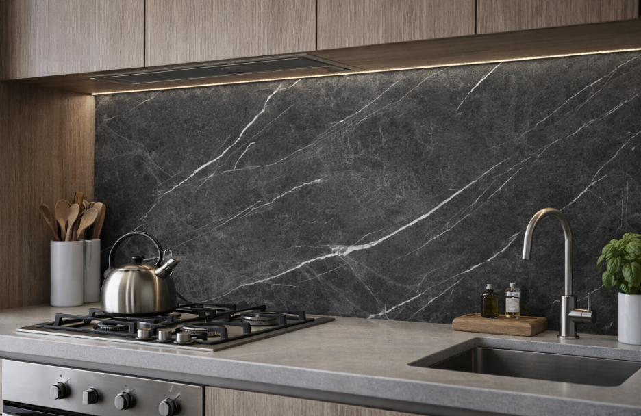 SG Bosian Grey porcelain splashback in modern kitchen, matt finish
