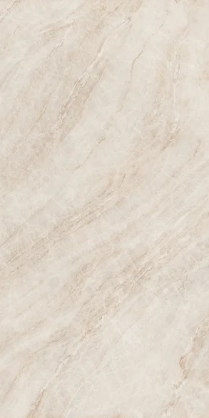 Infinity Porcelain Taj Mahal slab, satin finish, champagne marble-look surface with warm golden veining