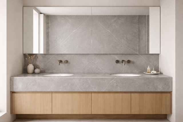 SG Signature Porcelain Armani Light Grey porcelain vanity splashback, matt finish