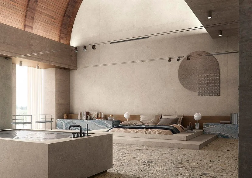 Wellness interior with Palladium Ivory porcelain flooring and wall cladding, limestone-look finish