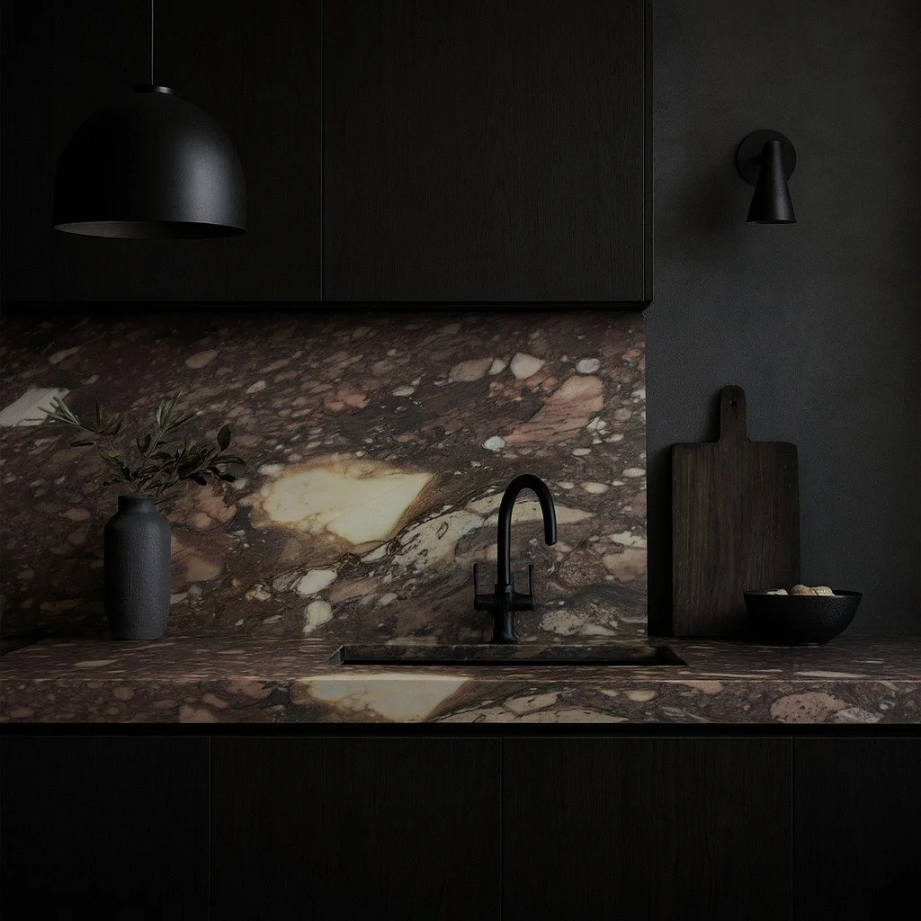 Calacatta Viola stone benchtop and splashback in dark kitchen