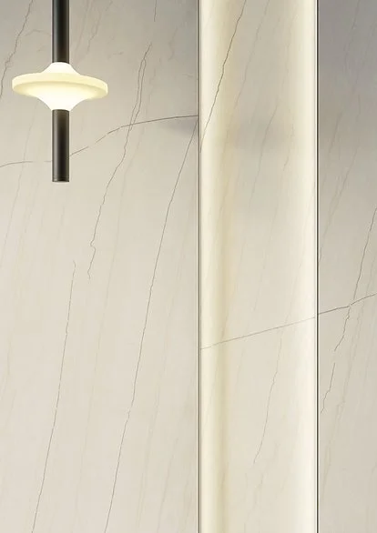 White Macaubas porcelain wall detail, satin quartzite-look surface with linear veining