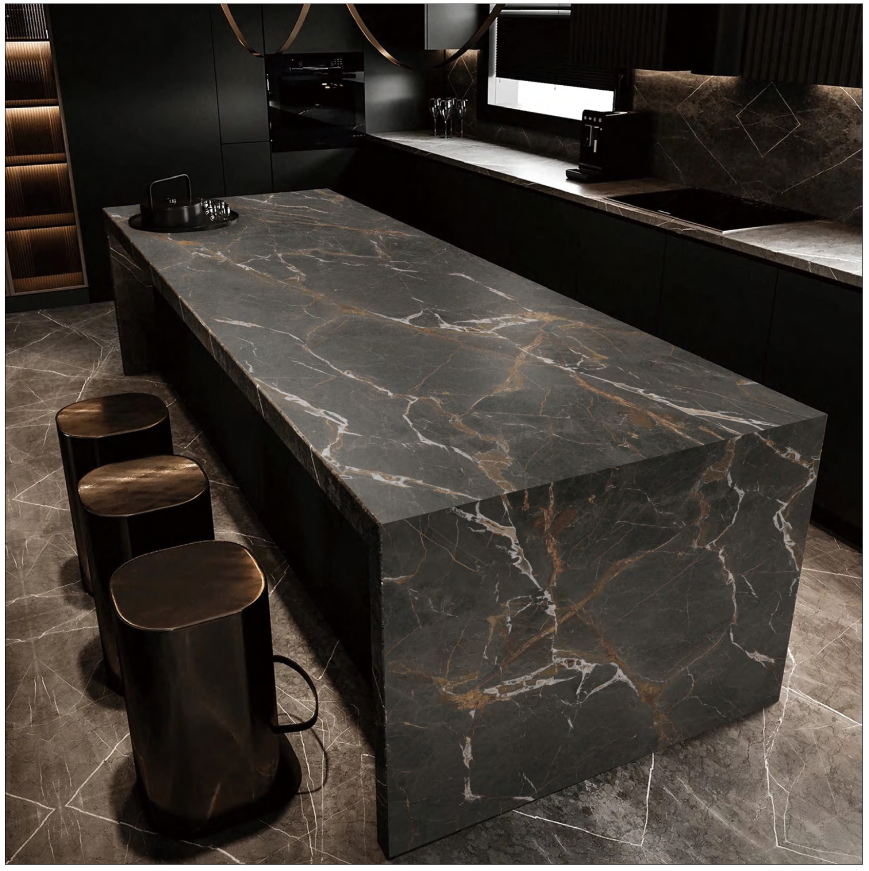 SG Signature Porcelain Greyst Lorent porcelain waterfall island benchtop in modern kitchen