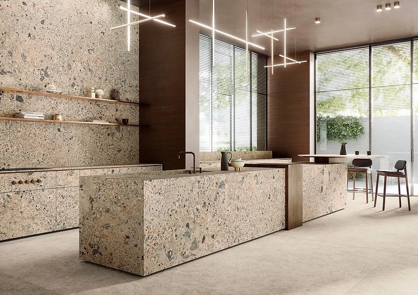 Ceppo Romano porcelain kitchen island and cabinetry cladding, Italian stone-look surface with architectural, material presence