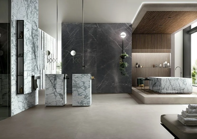 Bathroom featuring Pietra Grey dark grey porcelain feature wall with satin finish
