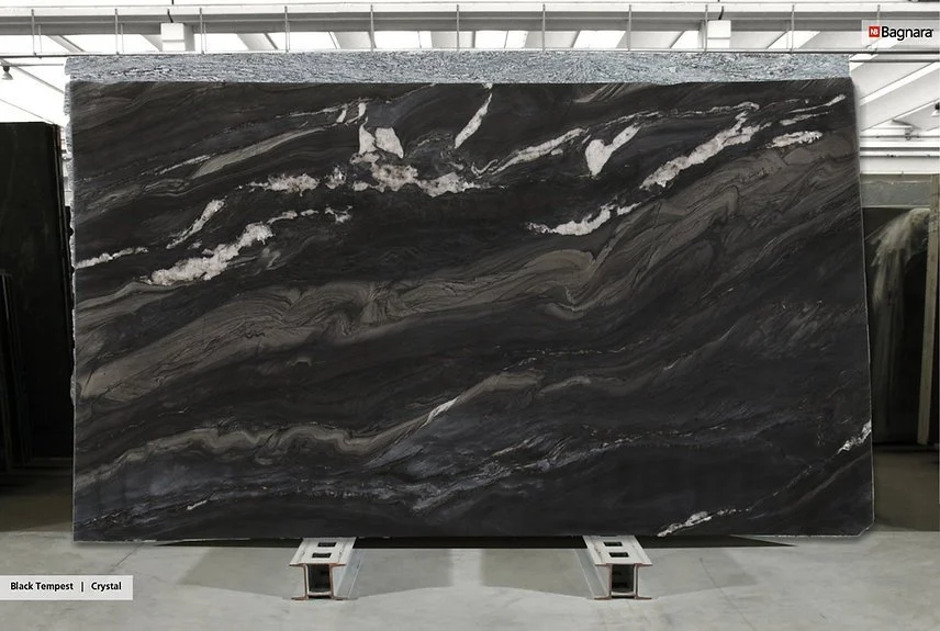 Bagnara Quartzite Black Tempest quartzite slab in warehouse