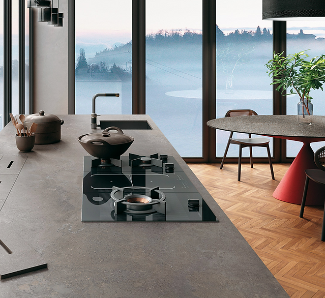 Kitchen island benchtop in Infinity Porcelain Buxy Select, matte warm grey stone effect