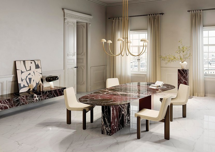 Dining room with Rosso Domus porcelain table and wall cladding, polished red marble-look finish