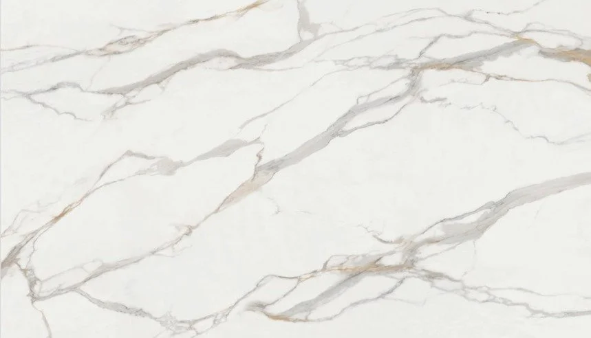 Infinity Porcelain Calacatta Oro slab, satin finish, white marble-look surface with warm gold veining