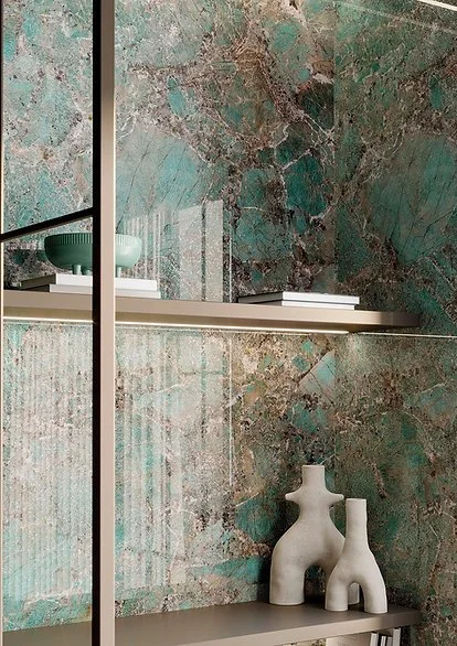 Santos porcelain wall detail, polished green onyx-look surface with honey and gold veining