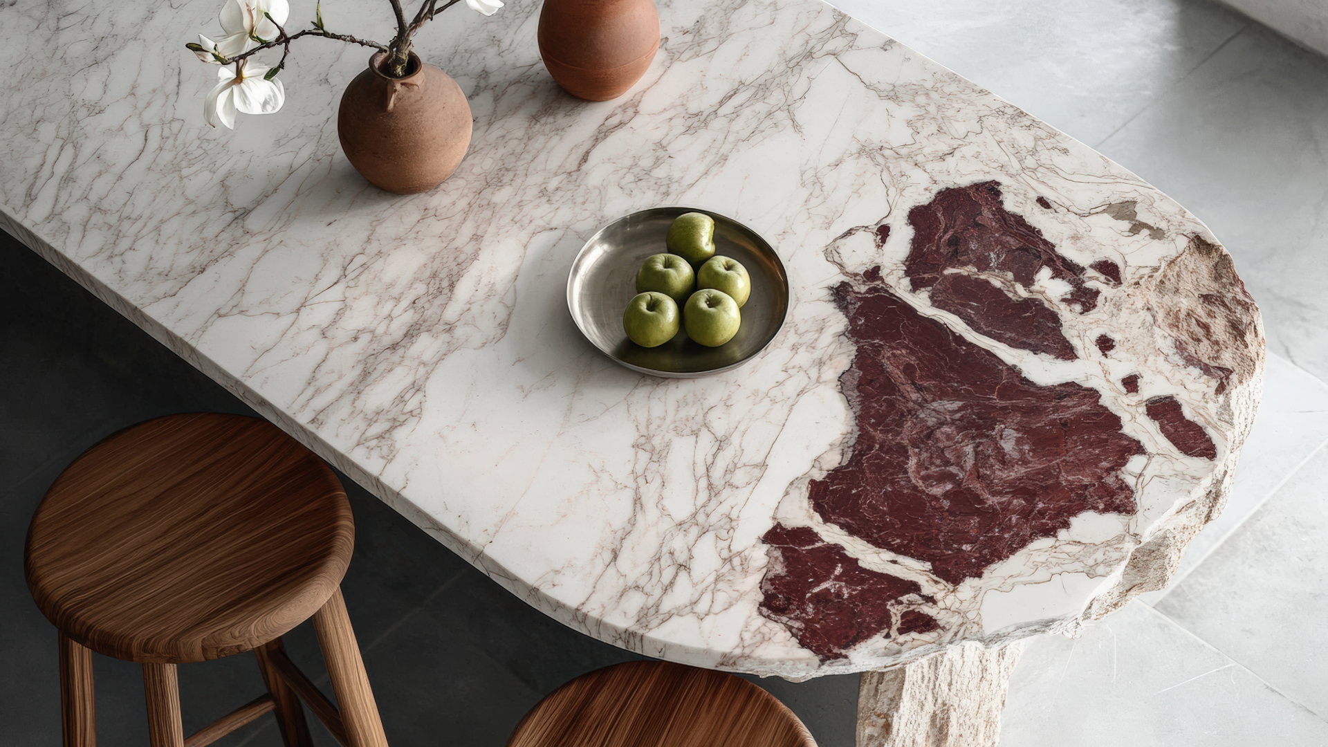Stone dining table with burgundy veining and timber stools