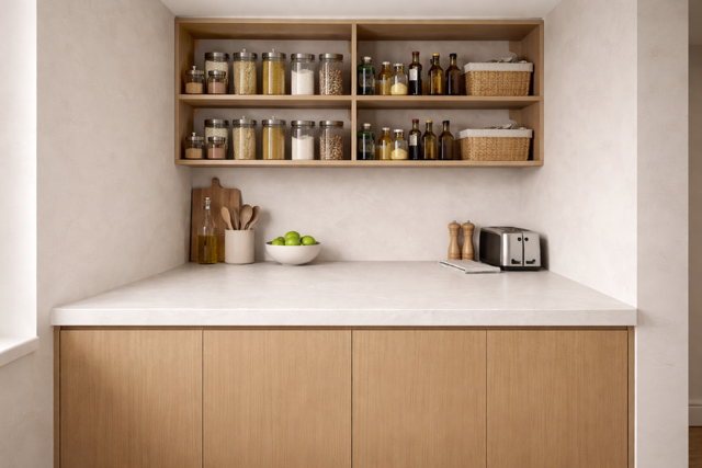 SG Signature Porcelain Polar Beige porcelain benchtop and splashback in modern kitchen, structured finish