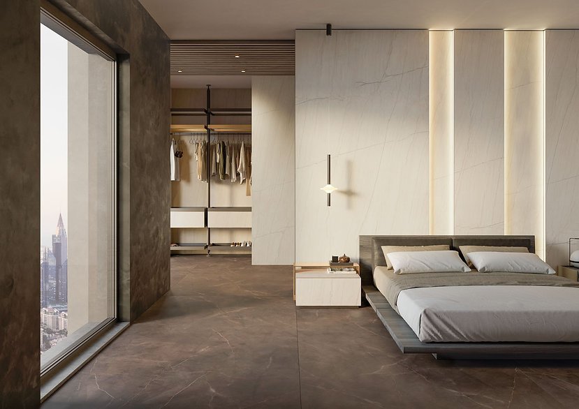 Bedroom interior with White Macaubas porcelain wall cladding, satin quartzite-look surface